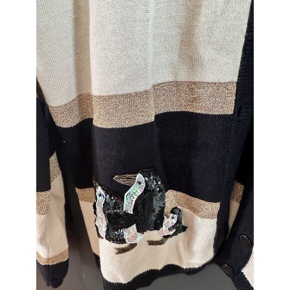 Terazzo Women’s black, beige, and gold striped cardigan with sequined penguins M - Picture 4 of 7